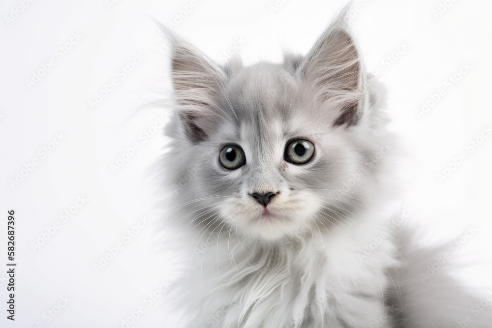 Isolated on white background, a lovely angora kitten with gray and velvety hair. Generative AI
