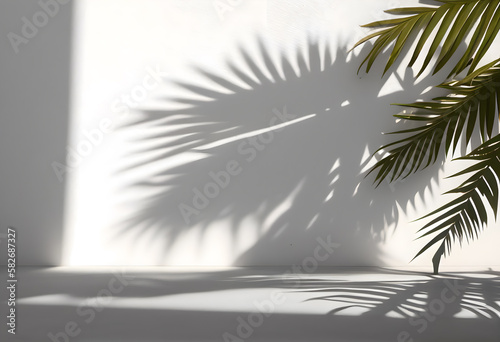 Blurred tropical palm leaf shadow on pink and green wall background with marble podium for product show, Spring and Summer, Minimal Style, Generative AI.
