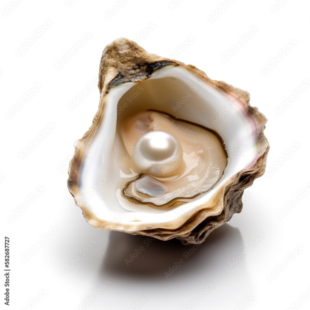 Macro closeup of isolated oyster shell with imperfect pearl inside, white background, fleshy meat inside, detailed oval shaped mollusk - generative ai Macro closeup of isolated oyster shell with imperfect pearl inside, white background, fleshy meat inside, detailed oval shaped mollusk - generative ai