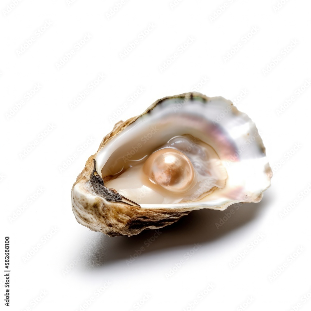 Macro closeup of isolated oyster shell with imperfect pearl inside, white background, fleshy meat inside, detailed oval shaped mollusk - generative ai Macro closeup of isolated oyster shell with imperfect pearl inside, white background, fleshy meat inside, detailed oval shaped mollusk - generative ai