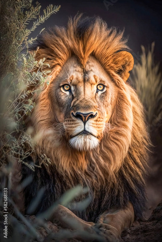 Magnificent lion in wilderness. Created with Generative AI technology.