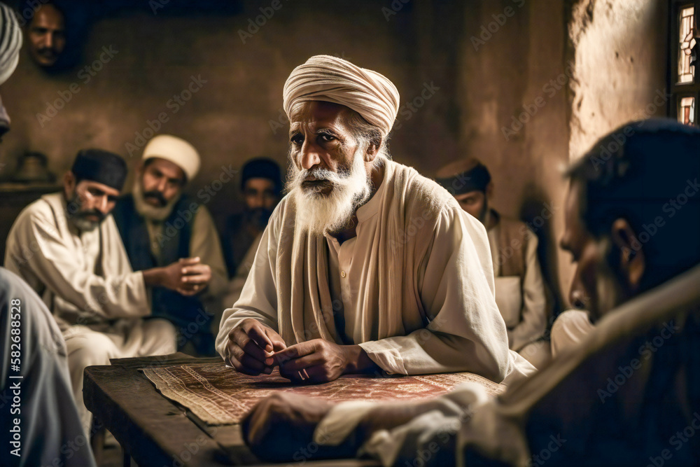 Middle East old Muslim wise man or master talking to his students or audience. Created with Generative AI technology.