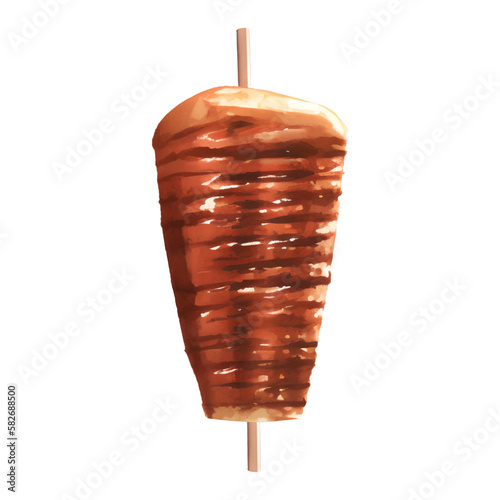 Grilled Doner Kebab for Shawarma on Rotary Pole Detailed Hand Drawn Illustration Painting
