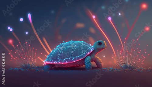 a neon shining turtle is thinking, beautiful epic artwork, special, generative ai technolgy