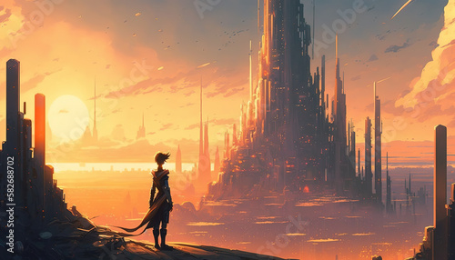 a beautiful anime warrior woman is standin in front of a future city, scifi theme, generative ai technolgy photo
