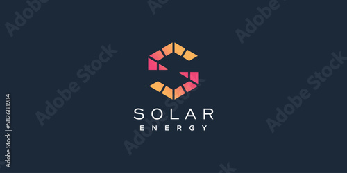 Solar tech logo template with letter s creative concept premium vector