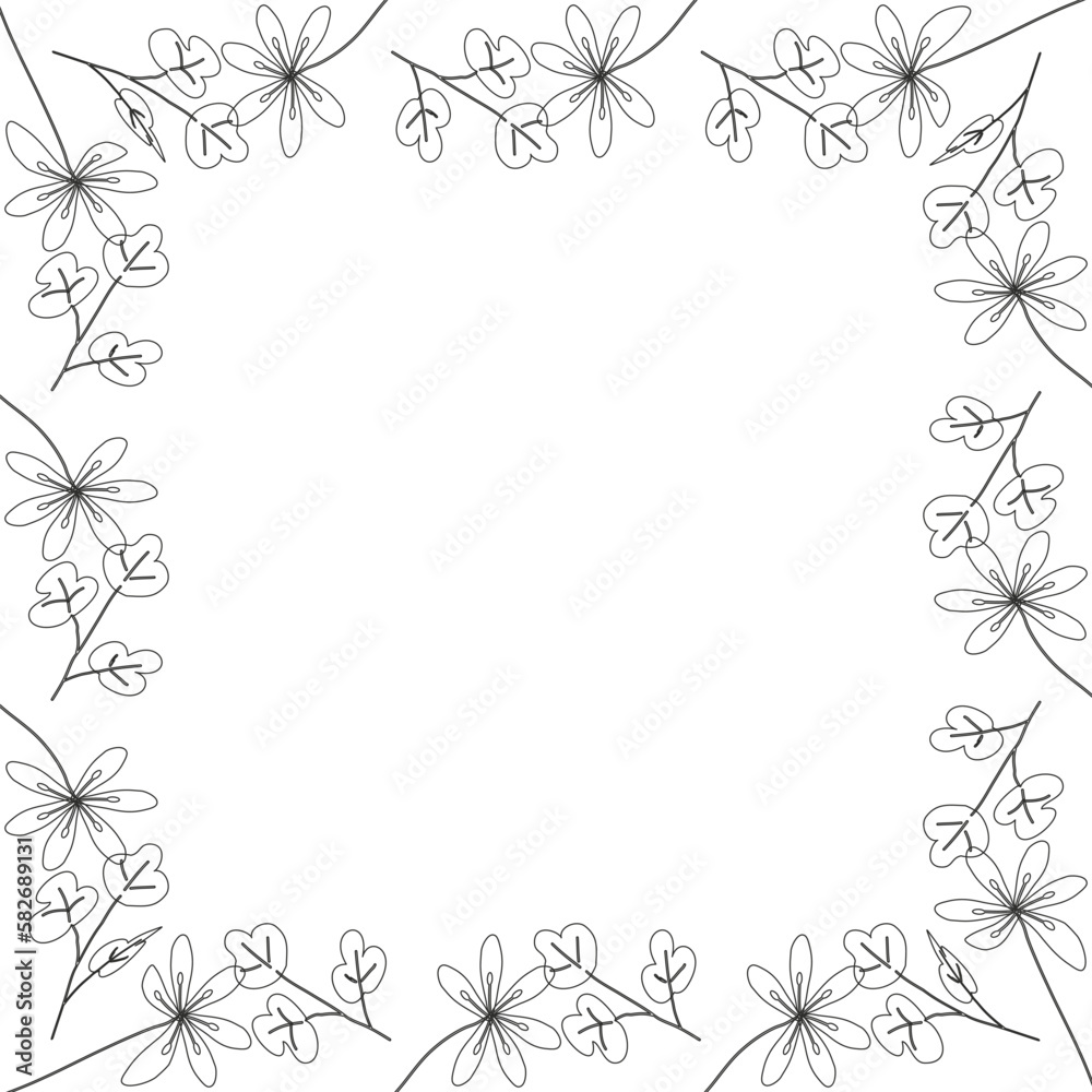 Template frame of spring flowers line art on a white background. Square. Floral design for wedding invitation, banner, poster. Template frame of spring flowers line art on a white background. Square. Floral design for wedding invitation, banner, poster.