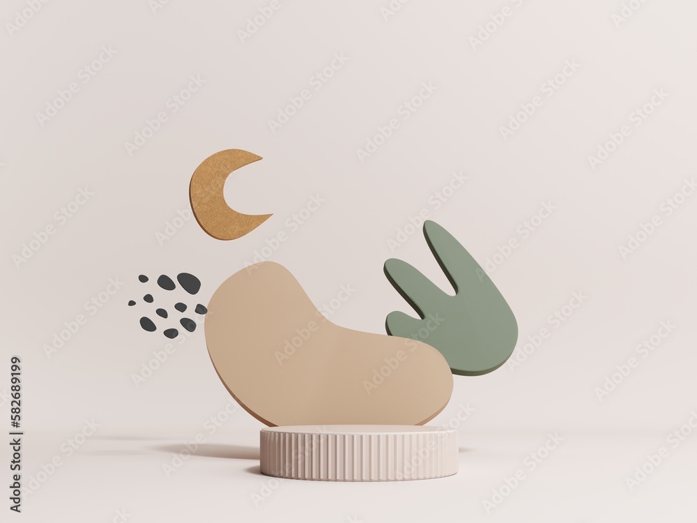 3d render of podium, showcase, display in boho style. Advertising stand with abstract shapes and palm leaves. Pastel minimal background for the presentation of cosmetics, products.
3d render of podium, showcase, display in boho style. Advertising stand with abstract shapes and palm leaves. Pastel minimal background for the presentation of cosmetics, products.