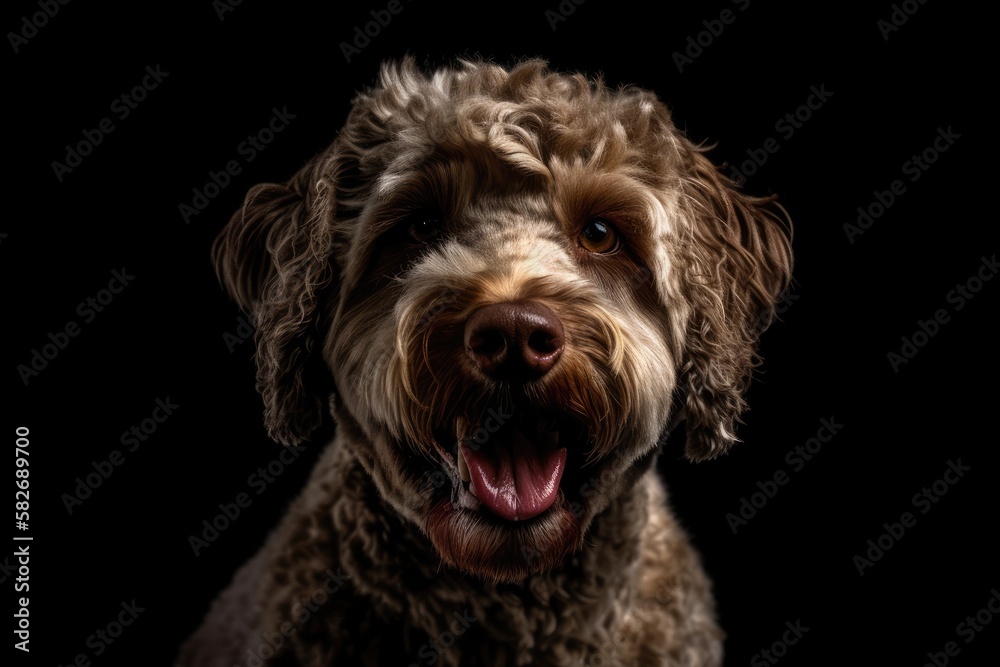 Portrait of a cute lagotto with a hanging tongue looking at the camera. Generative AI