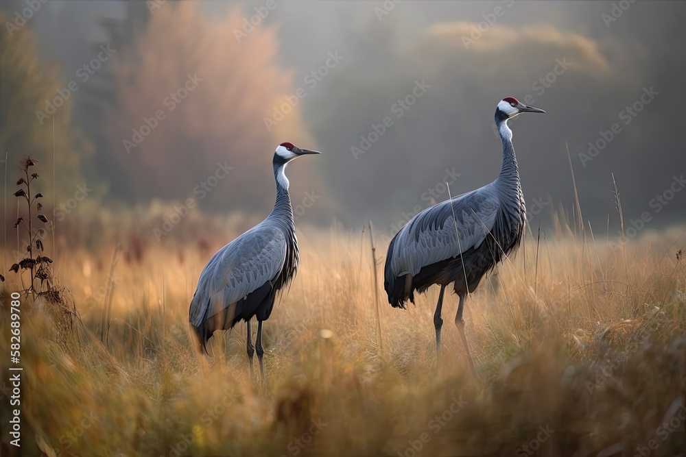 Fototapeta premium Two Common Cranes (Grus grus) walking through lush fields in Germany. Generative AI