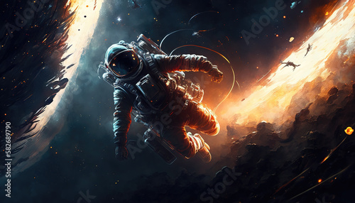 an epic wallpaper styled illustration of an astronaut in space with sunshine in background, generative ai technolgy