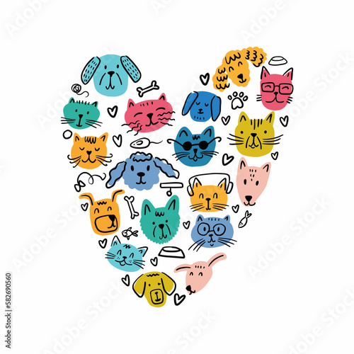 Vector illustration in the shape of a heart with the faces of different cats and dogs, hand-drawn in the style of a doodle