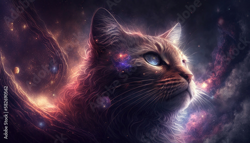 a big cat portrait mixed with a galaxy background, generative ai technolgy