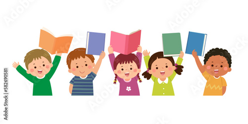 Vector cartoon children showing books over their heads