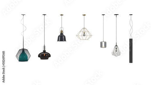 3d rendering PNG interior decor home light set, Set of different modern hanging lamps on white background photo