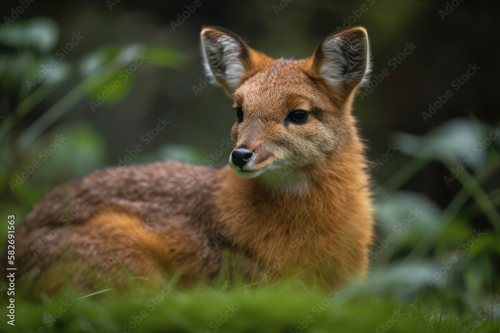 A adorable Chinese Water Deer (Hydropotes inermis) lies down in the lush grass to relax. Generative AI