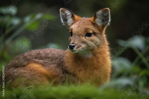 A adorable Chinese Water Deer  Hydropotes inermis  lies down in the lush grass to relax. Generative AI