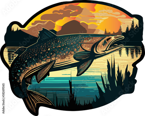 Vector image of large salmon on background of reservoir..