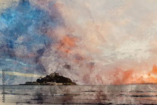 Digital watercolour painting of Lovely landscape image of St Michael's Mount in Cornwall England during soft pastel color sunset evening