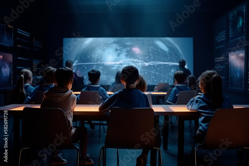 kindergarten, class, tech, classroom, futuristic, kids .AI generated
