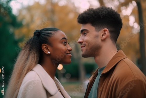 young interracial couple in the park .AI generated