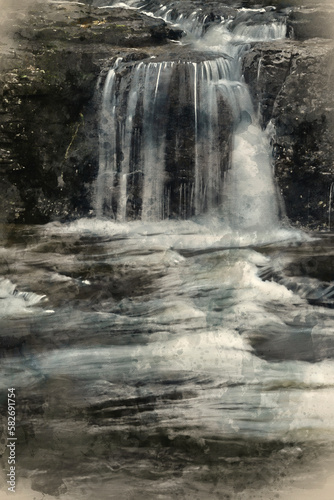 Digital watercolour painting of Beautiful dramatic landscape image of Aysgarth Falls in Yorkshire Dales in England during Winter morning