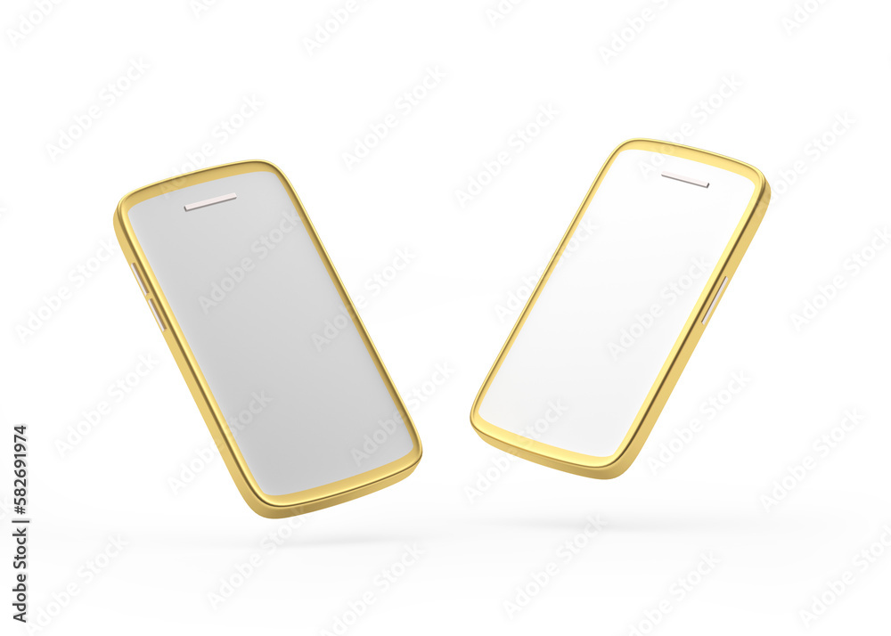Two golden smartphones isolated on white background. 3D illustration Two golden smartphones isolated on white background. 3D illustration