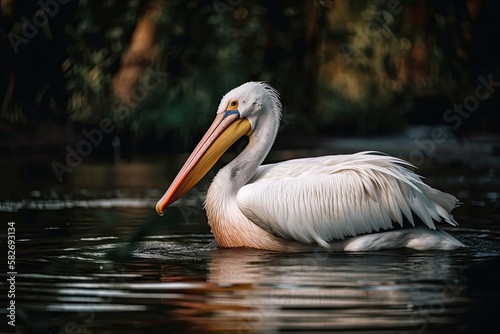 A white pelican against a natural backdrop. Generative AI