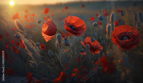 sunrise over a field of poppies