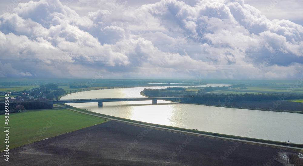 Danube with agricultural fields in winter