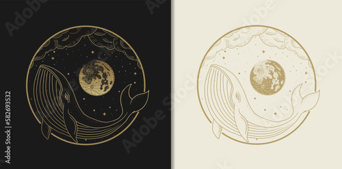 A Big Whale Dancing with Shining Moon and Stars