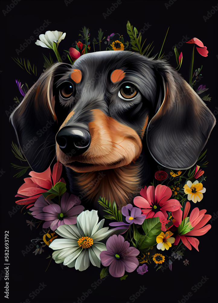 Adorable Dachshund with Flowers