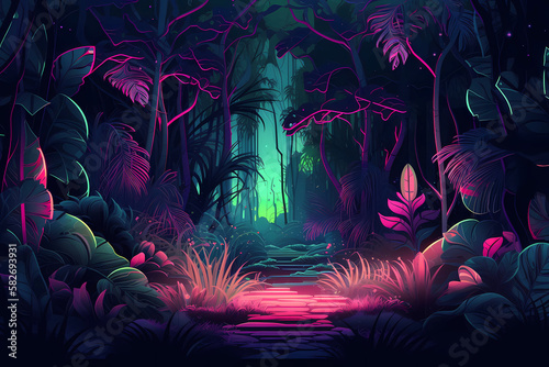 neon forest scenery wallpaper with vivid lights, created with generative ai