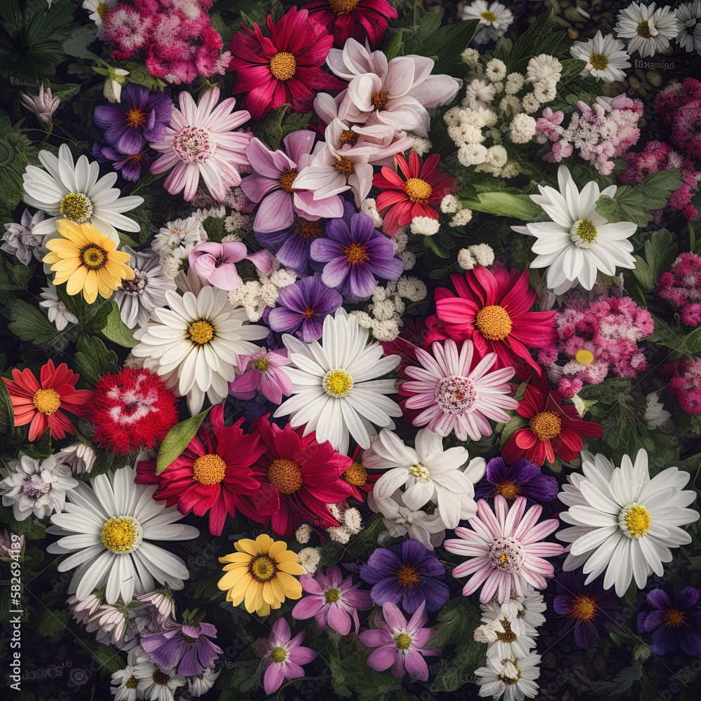 Fototapeta Top view of a garden flowers background: daisy, phlox, dahlias and others