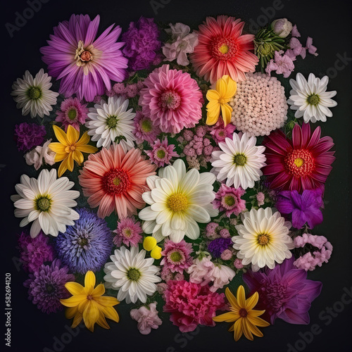 Top view photo garden flowers. Daisy, phlox, dahlias © IonelV
