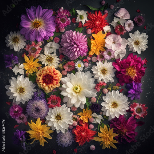 Garden flowers background: daisy, phlox, dahlias and others. Flower composition. © IonelV