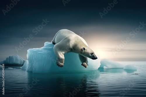 Lonely polar bear stranded on a melting Iceberg. Reprensentation of Climate Change. Generative AI