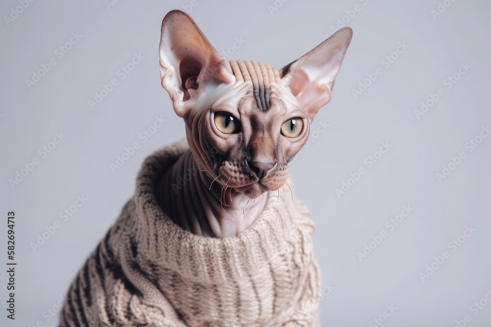 portrait cat sphynx bald in knitted sweater on white background studio cozy cat generative ai
