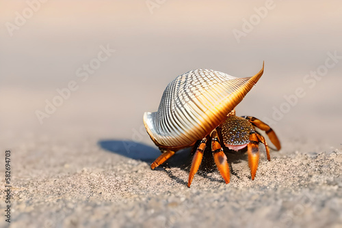 AI generated image of a hermit crab walking under the shell on the beach photo