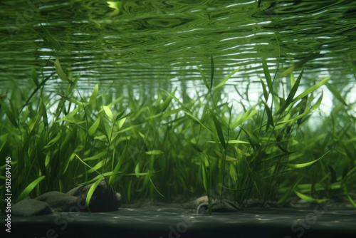 view under water leaves vegetation bamboo green fresh lake pond generative ai