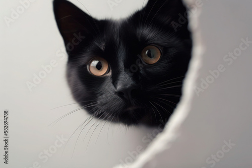 black cat's head peeking out of a hole in the wall white background funny generative ai
