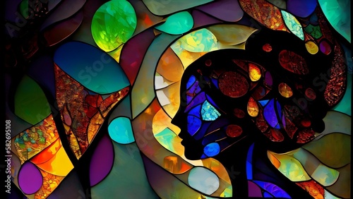 Stylized image of a female face, abstract illustration. Expressive female portrait. Interplay of digital paint strokes related to creative energy in life and art. Created with generative AI tools
