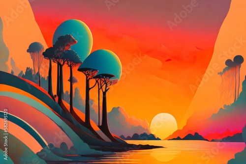 Vistas of Color. Visually pleasing composition of surreal sunset sunrise colors and textures for subject of landscape painting, imagination, creativity and art. Created with generative AI tools photo