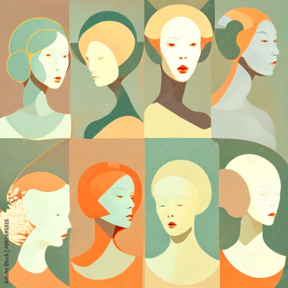 Stylized images of female faces. Female faces composition on subject of Ego, human mind, mysticism, psychology, inner world, creativity, self-expression and art. Created with generative AI tools Stylized images of female faces. Female faces composition on subject of Ego, human mind, mysticism, psychology, inner world, creativity, self-expression and art. Created with generative AI tools