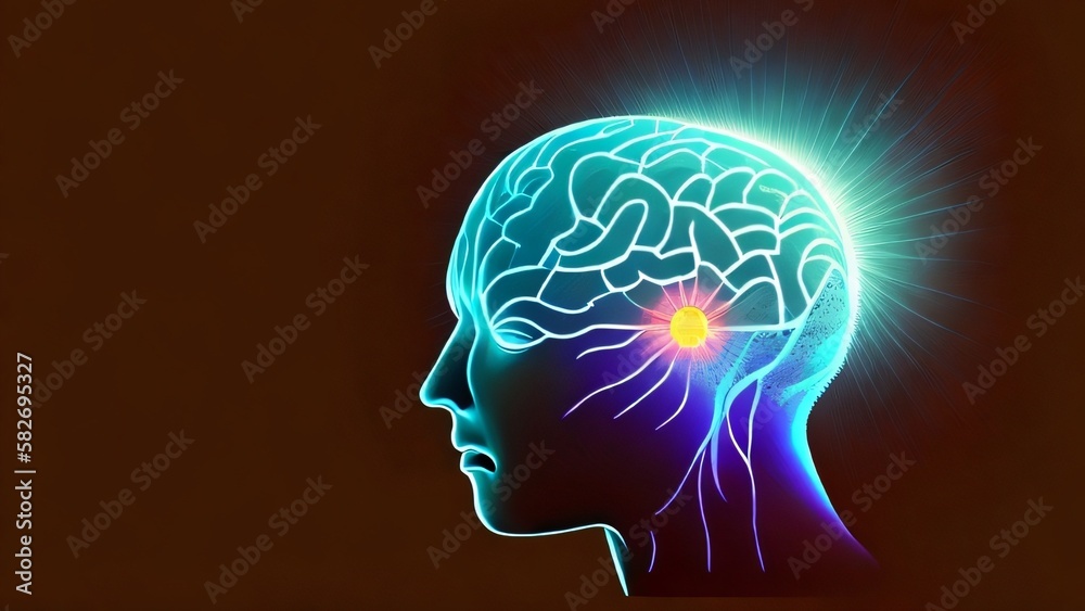 Obraz premium Arrangement of human face elements on the subject of brain, mind, reason, intuition, inner energy and mystic consciousness. Created with generative AI tools.