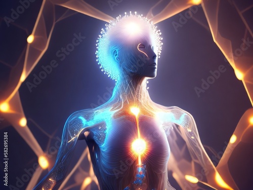 Light Within, human figure, radiating light and fractal elements on the subject of inner energy, astral dimension and spirituality. Inner Light. Lucid Mind. Created with generative AI tools.