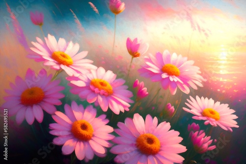 A closeup painting of pink flowers © QOLORLY.com