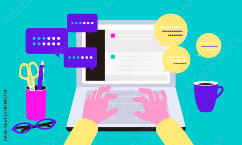 ノートパソコンとチャット型AIを使うシーンをイメージしたイラスト　
