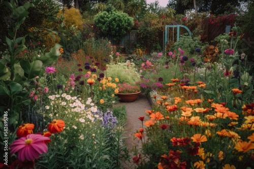Bunter Garten mit Blumen und Gemüse im Frühling