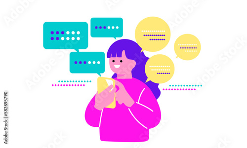 スマートフォンを持つ女性AIチャットをイメージしたイラスト　
